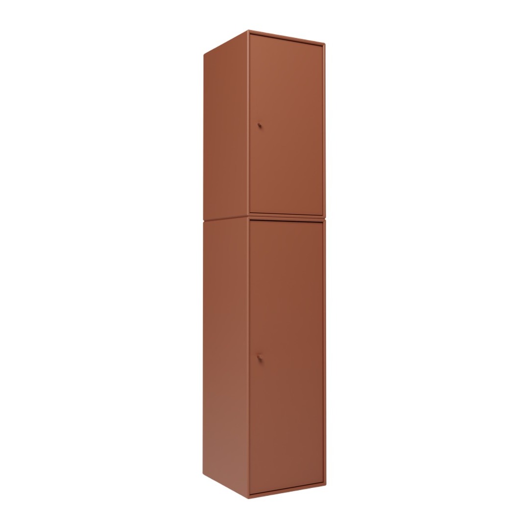 Tall, two-door cabinet in warm rust color with a smooth, matte finish. Modern, minimalistic design.