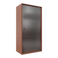 Rustic brown cabinet with sleek, modern silver vertical lines and a minimalist design. Ideal for stylish storage solutions.