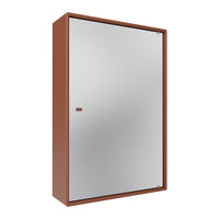 Brown metal cabinet with a sleek, reflective silver door, featuring a minimalist design.