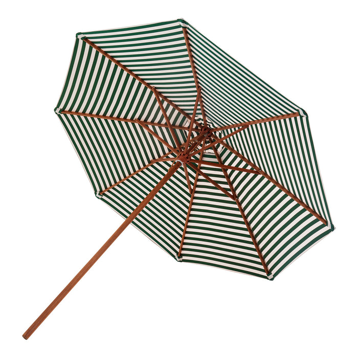 Striped green and white patio umbrella with a wood finish. Ideal for stylish outdoor shading.
