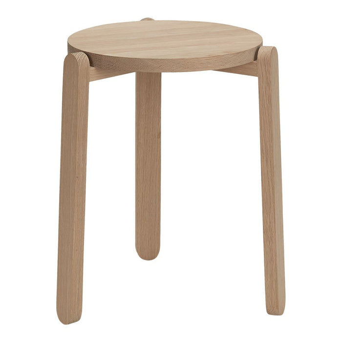 Light oak wooden stool with a smooth circular top and minimalist, natural design, featuring simple, clean lines.