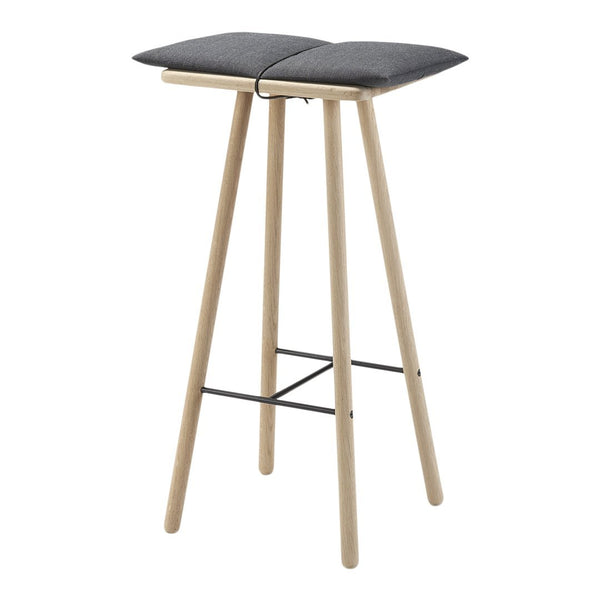 Gray cushioned bar stool with light wood legs and a black metal support, featuring a simple, modern design.