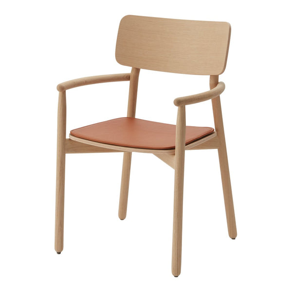 Light wooden chair with a smooth, natural finish and a warm, leather-colored seat. Simple and modern design.
