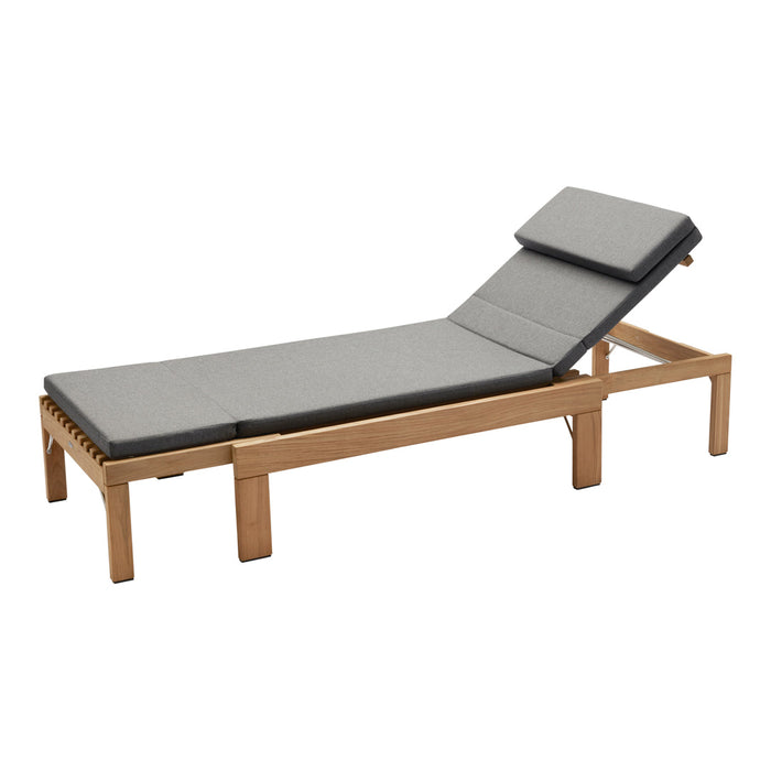 Grey cushioned lounger with natural wood frame, featuring a sleek, minimalist design. Perfect for outdoor relaxation.