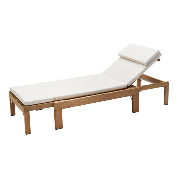 White cushioned lounge chair with natural wood finish, showcasing a minimalist design and clean lines.