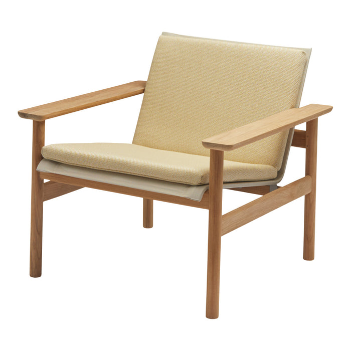 Light beige fabric-covered chair with natural wooden frame, showcasing a minimalist design for modern decor.