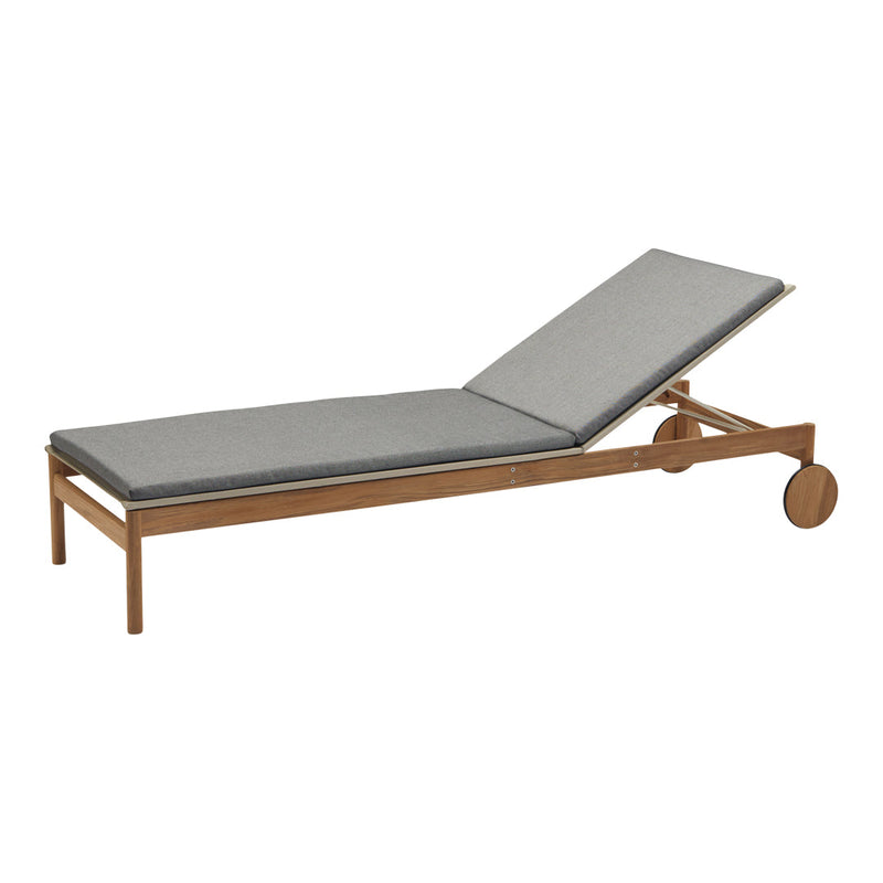 Gray cushioned lounge chair with a natural wood frame and smooth rolling wheel, perfect for outdoor relaxation.