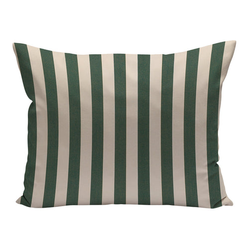 Green and cream striped decorative pillow with a modern, textured pattern. Ideal for adding a stylish touch to any decor.
