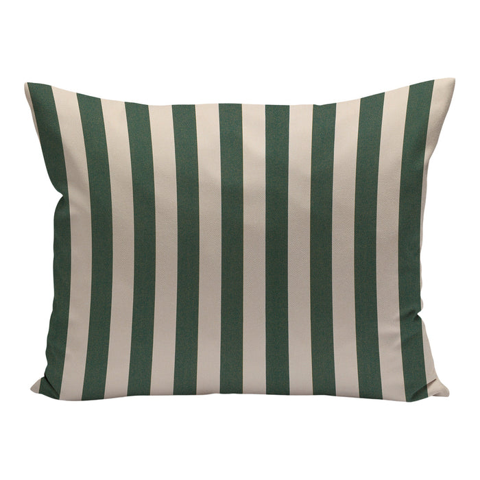Green and cream striped decorative pillow with a modern, textured pattern. Ideal for adding a stylish touch to any decor.