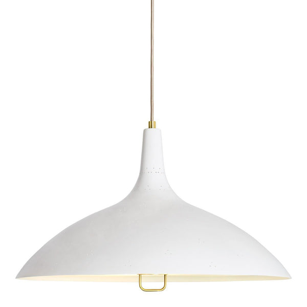 Sleek white pendant lamp with a smooth, curved design and gold accent for stylish illumination.