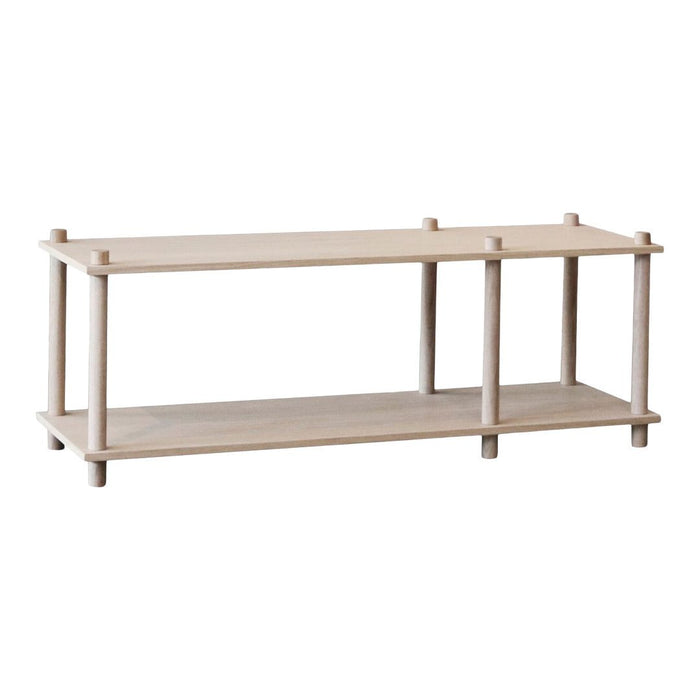 Light beige wooden shelving unit with a minimalist design and smooth, clean lines.