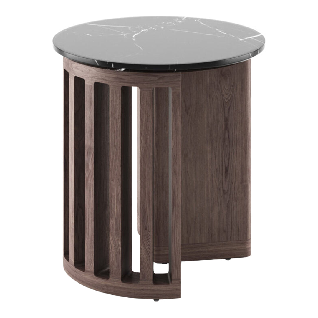 Round black marble top with a rich wood base featuring slatted design in dark brown tones. Modern and stylish accent table.
