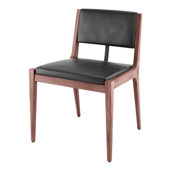 "Modern wooden chair with a rich walnut finish and sleek black leather upholstery."