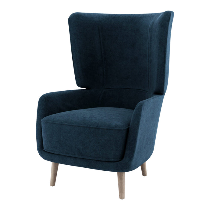 Dark blue velvet armchair with a simple, modern design and light wooden legs. Stylish and comfortable addition to any space.