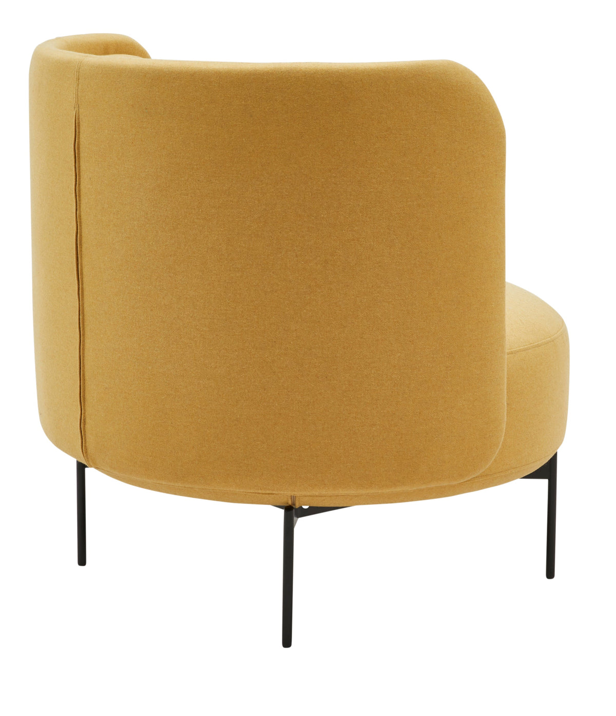 Round mustard yellow chair with a smooth fabric texture and sleek black metal legs. Perfect for modern decor.