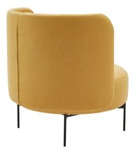 Round mustard yellow chair with a smooth fabric texture and sleek black metal legs. Perfect for modern decor.