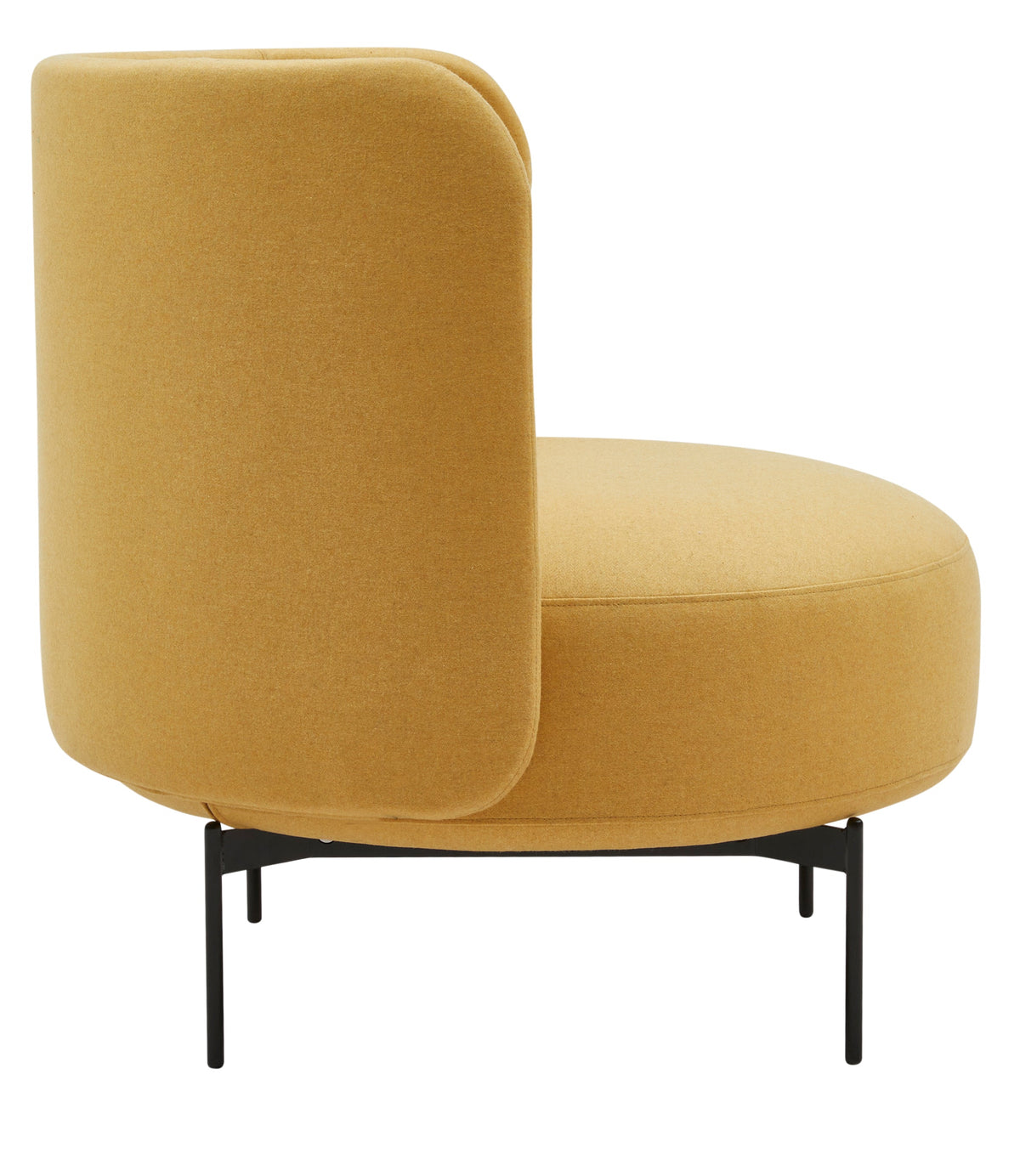 Mustard yellow upholstered round chair with a sleek black metal base, featuring a smooth, minimalistic design.