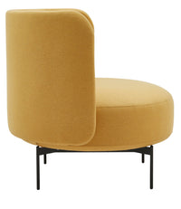 Mustard yellow upholstered round chair with a sleek black metal base, featuring a smooth, minimalistic design.