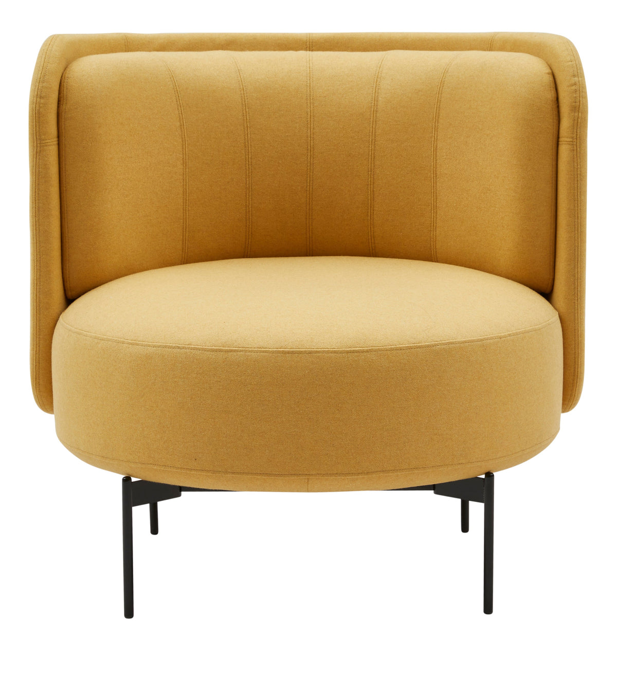 Round mustard yellow accent chair with subtle stitching and black metal legs. Perfect for modern decor.