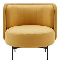 Round mustard yellow accent chair with subtle stitching and black metal legs. Perfect for modern decor.