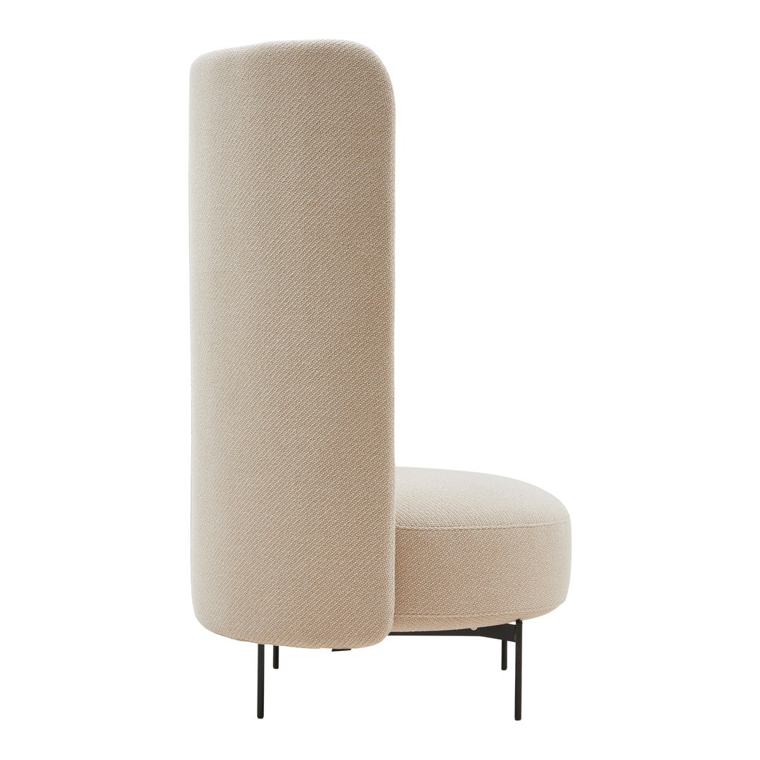 Beige textured chair with a smooth, rounded back and sleek black metal legs, ideal for modern interiors.