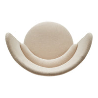 Beige curved chair with textured upholstery and a modern, minimalist design.