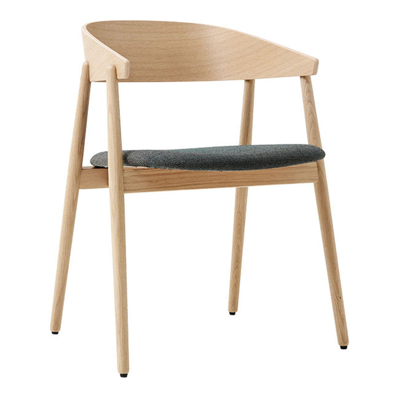 Modern wooden chair with a natural oak finish and a textured dark grey cushion. Sleek, minimalist design.