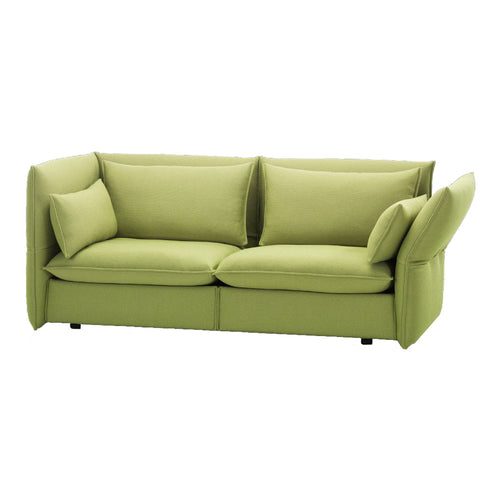 Green upholstered sofa with a modern, minimalist design and smooth, solid color. Ideal for stylish living spaces.