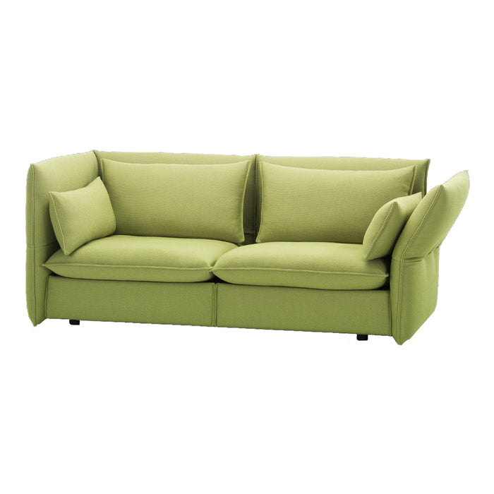 Green upholstered sofa with a modern, minimalist design and smooth, solid color. Ideal for stylish living spaces.
