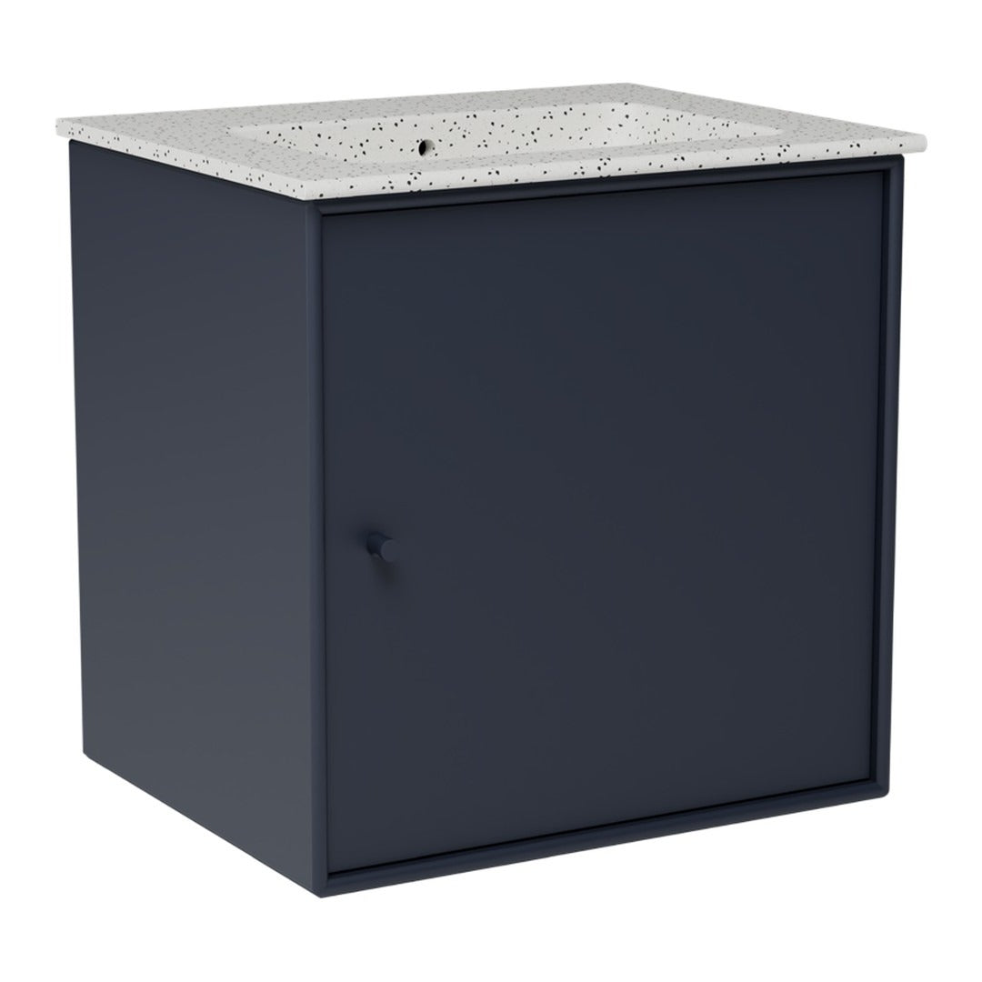 Navy blue storage cabinet with a speckled gray top and sleek minimalist design. Perfect for modern interiors.