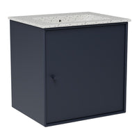 Navy blue storage cabinet with a speckled gray top and sleek minimalist design. Perfect for modern interiors.