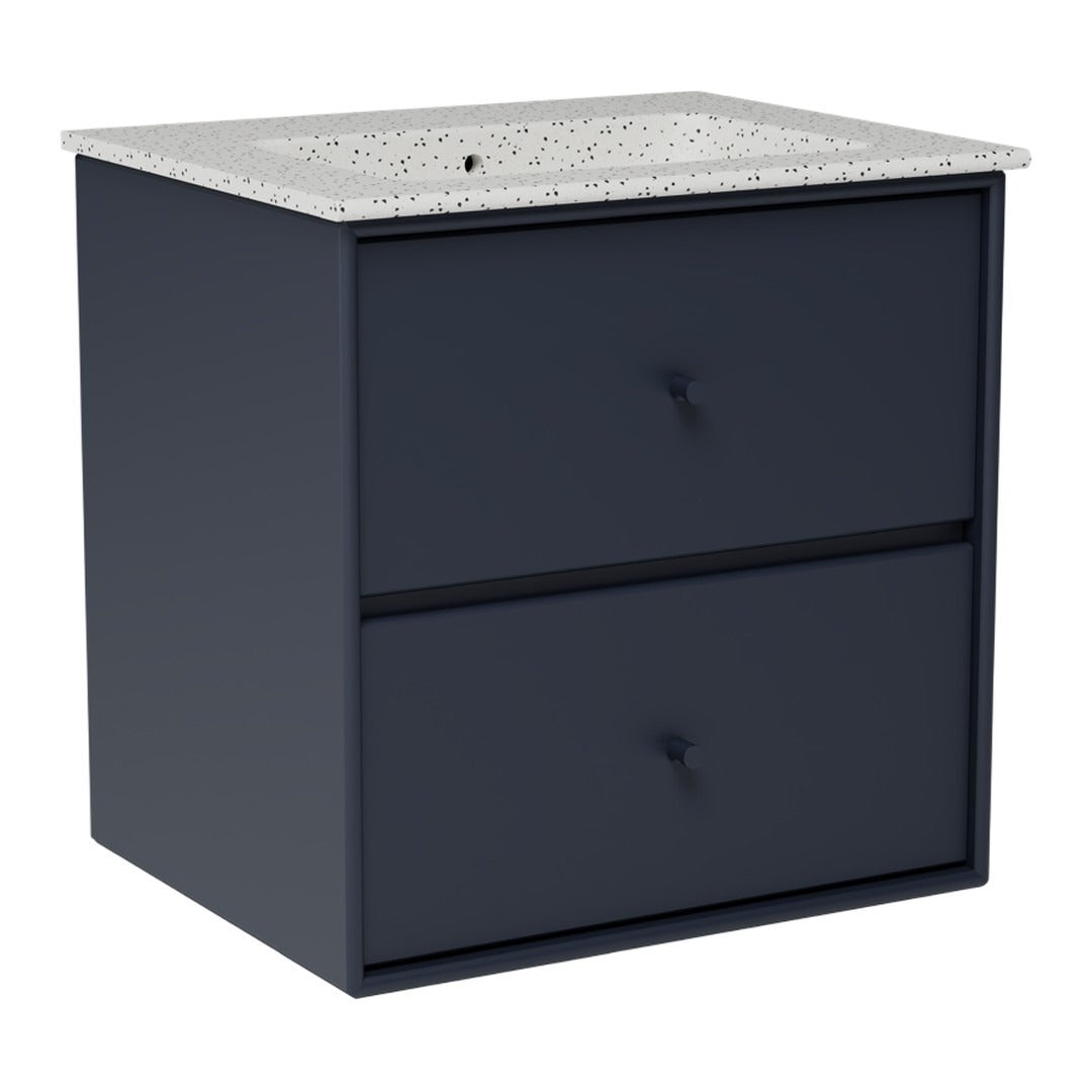 Navy blue two-drawer cabinet with a speckled white countertop. Modern design, clean lines, versatile for any decor.