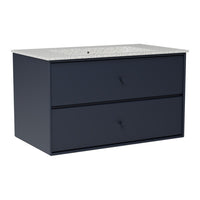Dark navy blue cabinet with a textured light stone countertop and two smooth, spacious drawers.