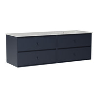 Navy blue dresser with four drawers and minimalistic design, featuring a sleek white countertop.