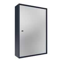 Modern black cabinet with a sleek, reflective silver door and minimalist design. Perfect for contemporary interiors.
