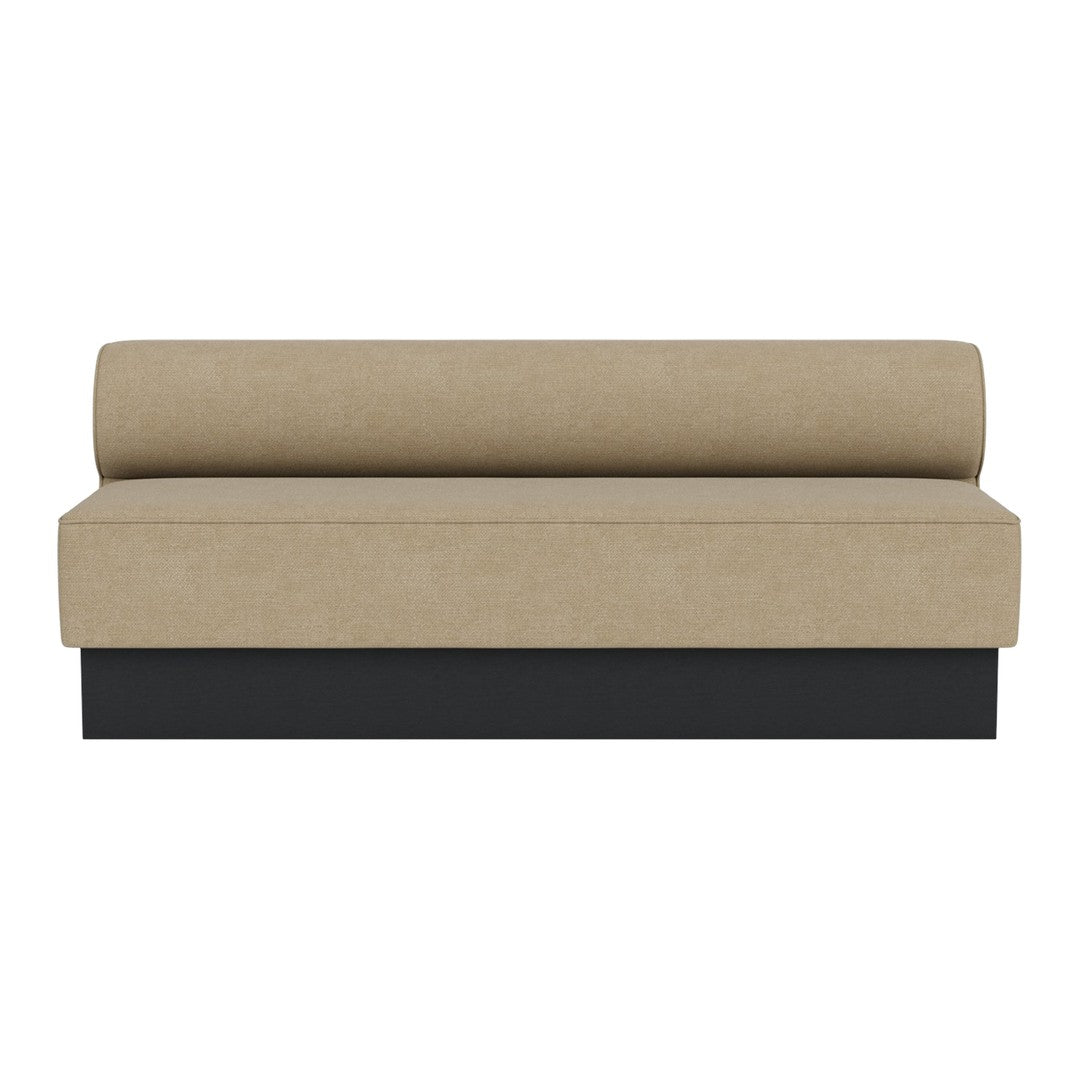 Beige upholstered sofa with a cylindrical backrest and sleek black base, featuring a minimalist design.