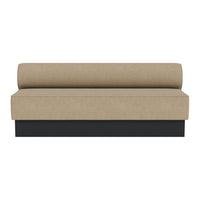 Beige upholstered sofa with a cylindrical backrest and sleek black base, featuring a minimalist design.