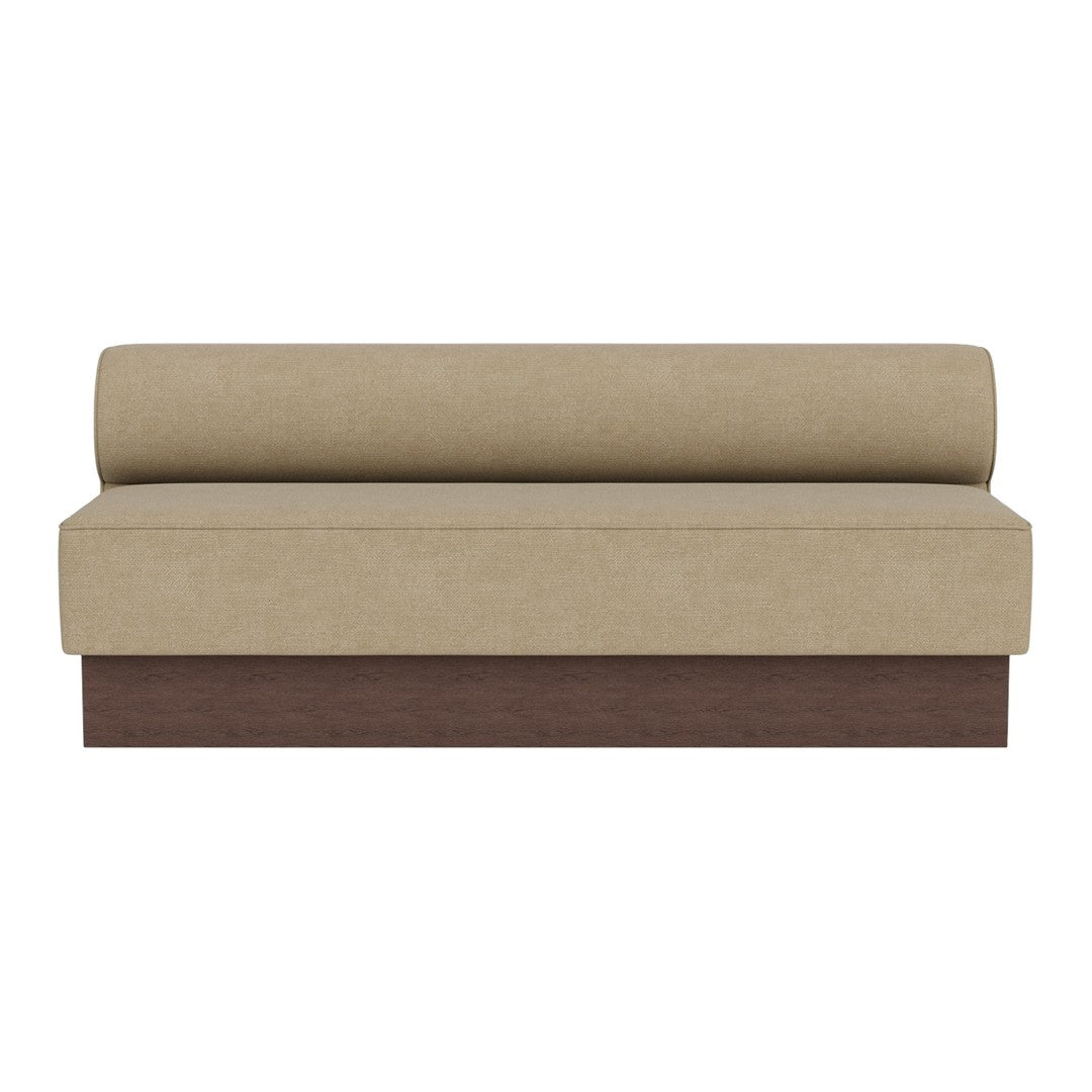 Beige fabric upholstery with a horizontal pattern, complemented by a dark wooden base. Minimalist design.