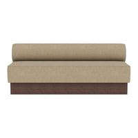 Beige fabric upholstery with a horizontal pattern, complemented by a dark wooden base. Minimalist design.
