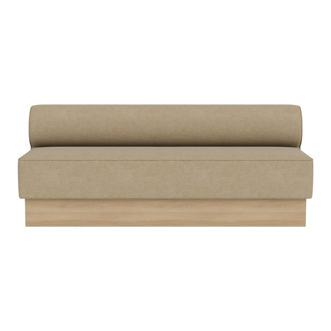 Beige upholstered sofa with a smooth finish and round bolstered cushion on a light wood base.