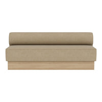 Beige upholstered sofa with a smooth finish and round bolstered cushion on a light wood base.
