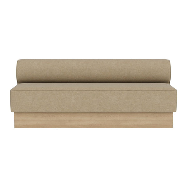 Beige upholstered sofa with a smooth finish and round bolstered cushion on a light wood base.