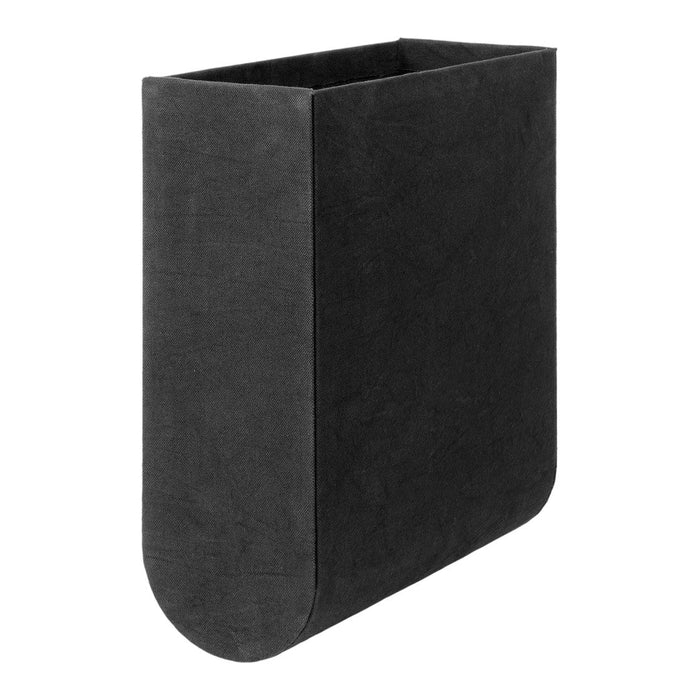 Sleek black suede magazine holder with a minimalistic design and smooth surface. Perfect for modern decor.