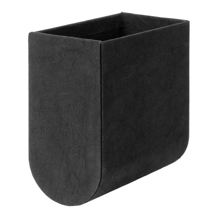 Sleek black storage container with a smooth, minimalist design and rounded base, perfect for modern decor.