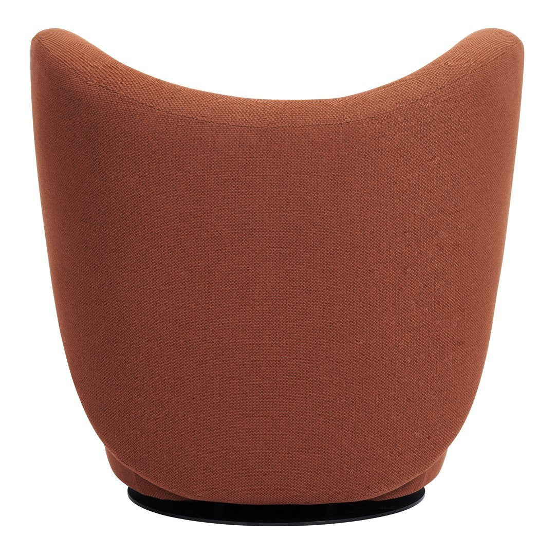 Rust-colored upholstered chair with a smooth, curved design and a black circular base. Modern aesthetic for home decor.