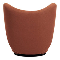 Rust-colored upholstered chair with a smooth, curved design and a black circular base. Modern aesthetic for home decor.