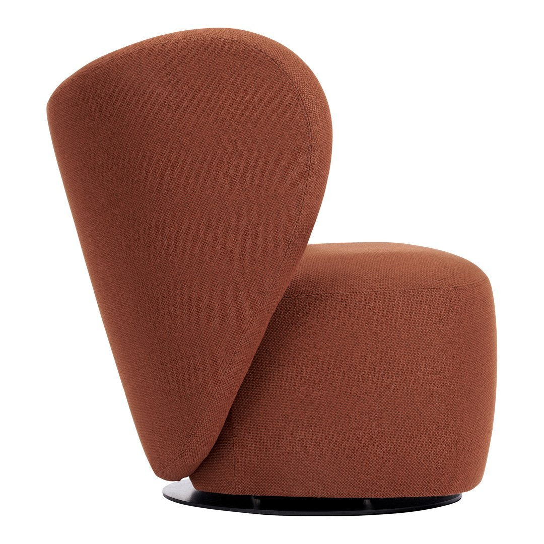 Rust-colored modern accent chair with a unique curved design and smooth texture. Perfect for contemporary decor.