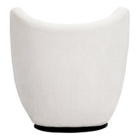 White plush chair with a curved design and black base, featuring a smooth, minimalist texture. Perfect for modern decor.