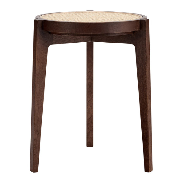 Brown wooden side table with a natural cane top, featuring a simple, elegant design. Perfect for modern interiors.