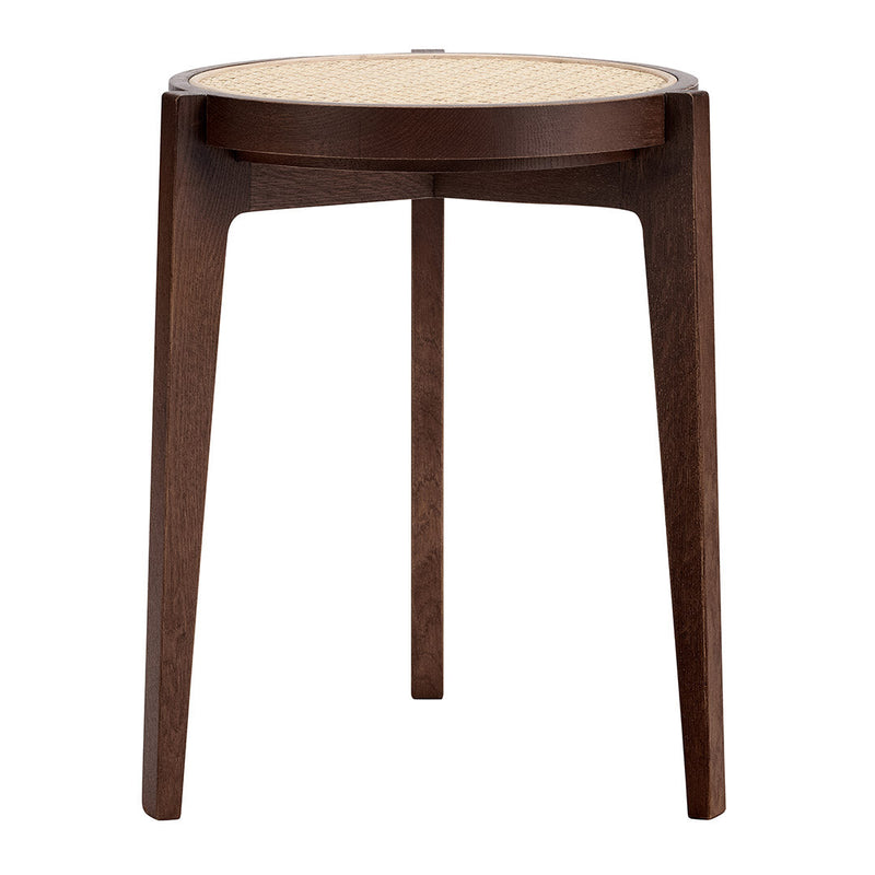 Brown wooden side table with a natural cane top, featuring a simple, elegant design. Perfect for modern interiors.